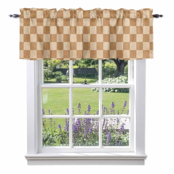 Square Checks Window Valance for Kitchen, Vintage Minimalist Tan Beige Blocks Gingham Rod Pocket Short Curtains for Bathroom Bedroom Small Window, Light Filtering Decorative Valances, 42 x 12 Inches