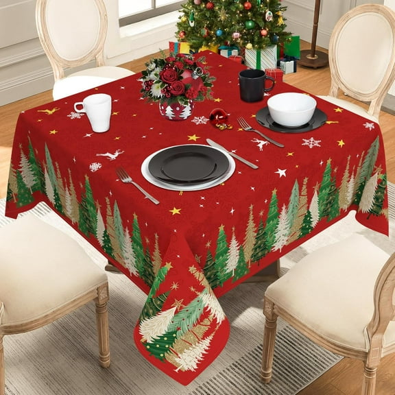 Square Christmas Tablecloth 60x60 Inch, Red Xmas Holiday Christmas Tree Table Cloth Square Table