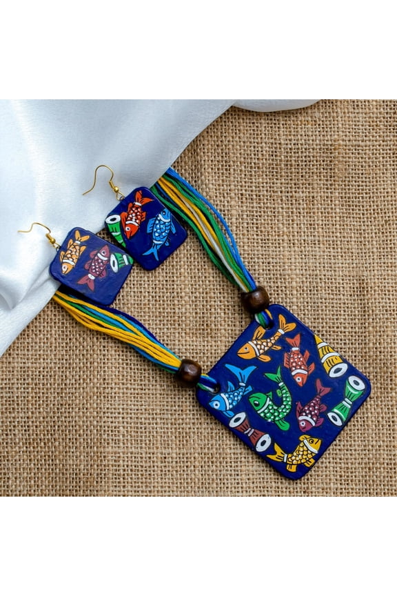 Square Clay Jewelry Set with Fish Design  Unique Dangling Earrings | Gifts for Women