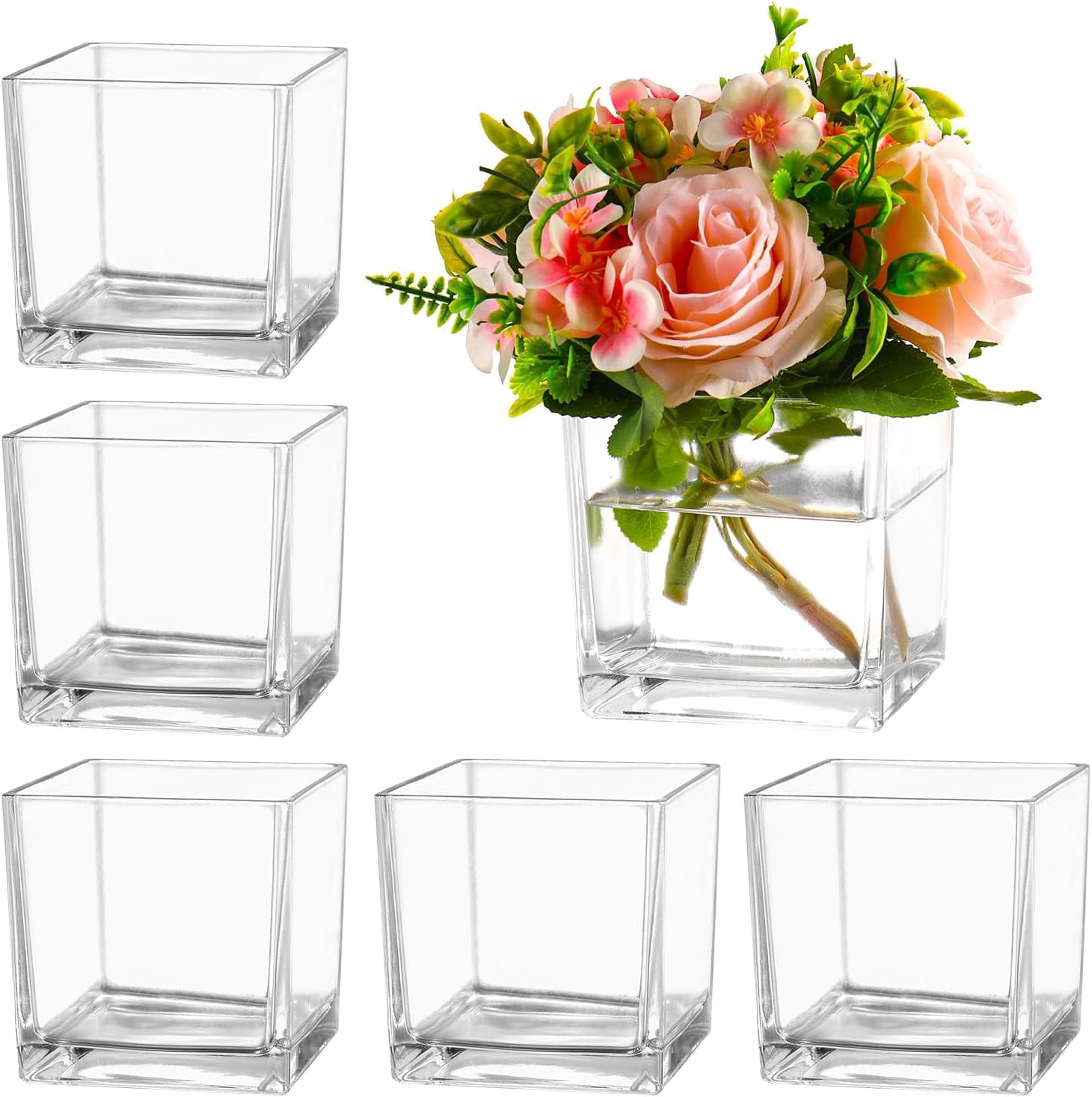 Square Clear Glass Vases Set of 6, Flower Vases for Centerpieces, Square Vase for Centerpieces, Small Vase for Wedding