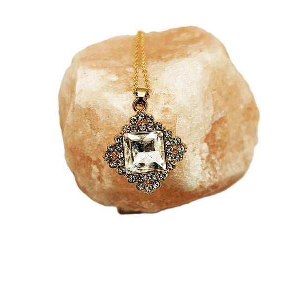 Omodo Square Clear, Zircon Vintage Necklace, Gold Tone