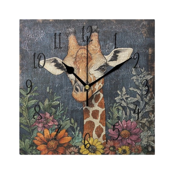 Square Clock Black Clock 7.78 *7.78 Inch Decorative Clock Creative Clock Dual-Purpose Clock Wall Clock Clock Decorate Your Space Cute Giraffes and Flowers