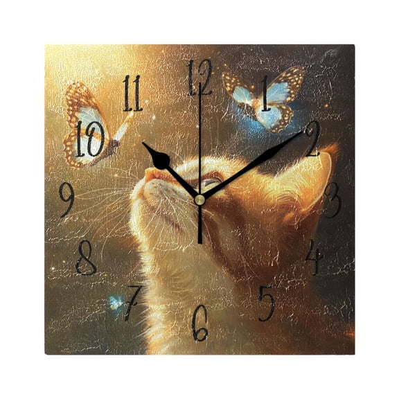 Square Clock Black Clock 7.78 *7.78 Inch Decorative Clock Creative Clock Dual-Purpose Clock Wall Clock Clock Decorate Your Space Pretty Cat and Butterflies