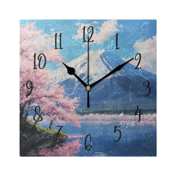 Square Clock Black Clock 7.78 *7.78 Inch Decorative Clock Creative Clock Dual-Purpose Clock Wall Clock Clock Decorate Your Space Sakura Mount Fuji