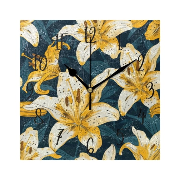 Square Clock Black Clock 7.78 *7.78 Inch Decorative Clock Creative Clock Dual-Purpose Clock Wall Clock Clock Decorate Your Space Yellow Lily Seamless