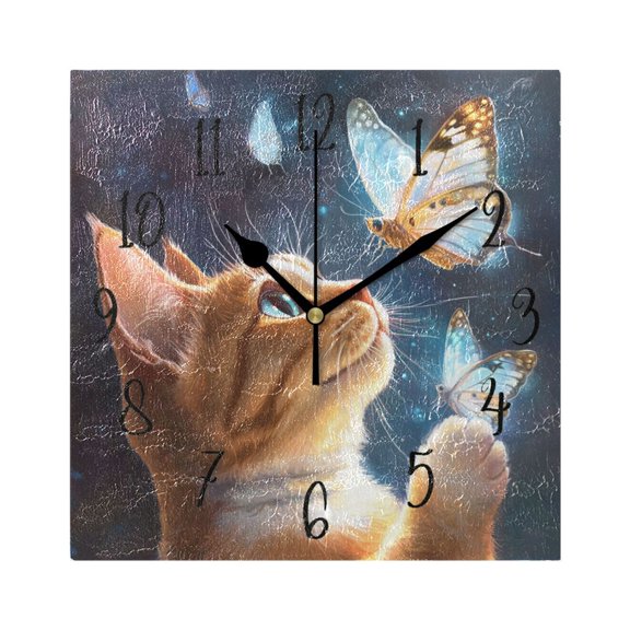 Square Clock Gold Clock 7.78 *7.78 Inch Decorative Clock Creative Clock Dual-Purpose Clock Wall Clock Clock Decorate Your Space The Cat and The Butterfly