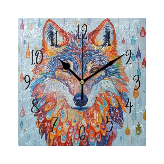 Square Clock Gold Clock 7.78 *7.78 Inch Decorative Clock Creative Clock Dual-Purpose Clock Wall Clock Clock Decorate Your Space Colored Wolves and Raindrops