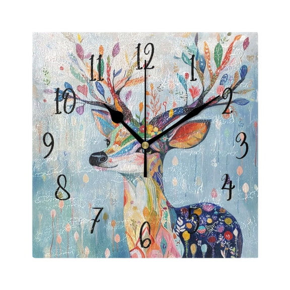 Square Clock Gold Clock 7.78 *7.78 Inch Decorative Clock Creative Clock Dual-Purpose Clock Wall Clock Clock Decorate Your Space Colorful Deer and Raindrops