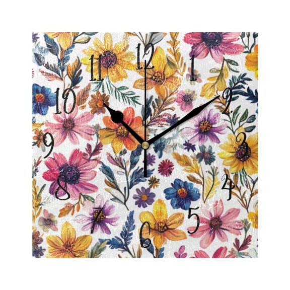 Square Clock Gold Clock 7.78 *7.78 Inch Decorative Clock Creative Clock Dual-Purpose Clock Wall Clock Clock Decorate Your Space Colorful Pretty Flowers Seamless1