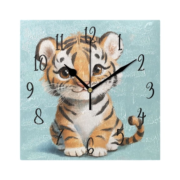 Square Clock Gold Clock 7.78 *7.78 Inch Decorative Clock Creative Clock Dual-Purpose Clock Wall Clock Clock Decorate Your Space Cute Smiling Cartoon Tiger