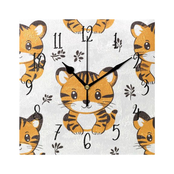 Square Clock Gold Clock 7.78 *7.78 Inch Decorative Clock Creative Clock Dual-Purpose Clock Wall Clock Clock Decorate Your Space Cute Smiling Tiger Seamless