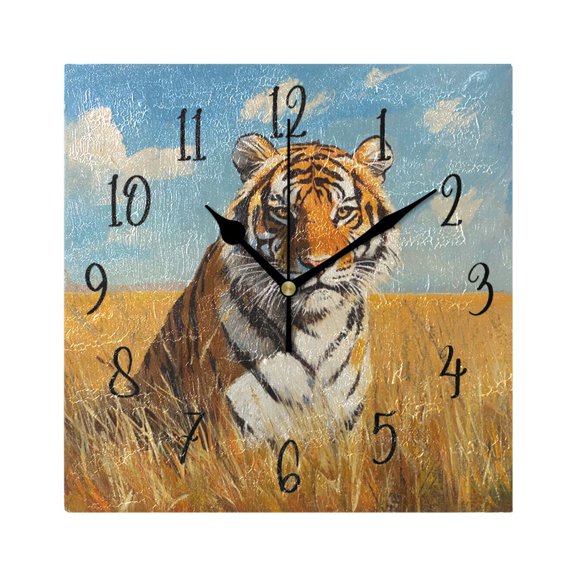 Square Clock Gold Clock 7.78 *7.78 Inch Decorative Clock Creative Clock Dual-Purpose Clock Wall Clock Clock Decorate Your Space Grassland Beautiful Tiger