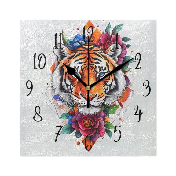 Square Clock Gold Clock 7.78 *7.78 Inch Decorative Clock Creative Clock Dual-Purpose Clock Wall Clock Clock Decorate Your Space Cartoon Color Tiger