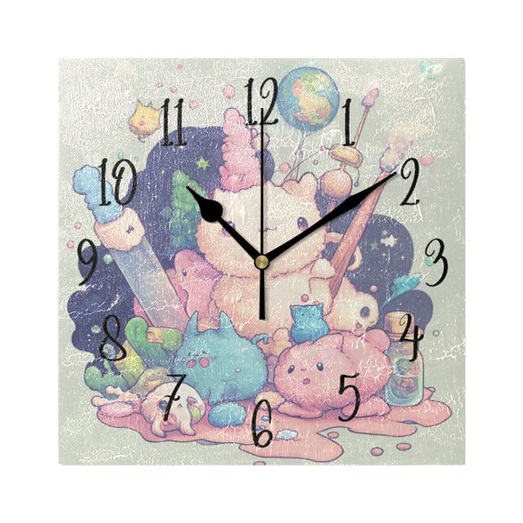 Square Clock Gold Clock 7.78 *7.78 Inch Decorative Clock Creative Clock Dual-Purpose Clock Wall Clock Clock Decorate Your Space Cartoon Pink Monster