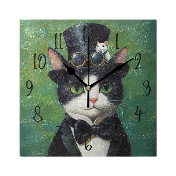 Square Clock Gold Clock 7.78 *7.78 Inch Decorative Clock Creative Clock Dual-Purpose Clock Wall Clock Clock Decorate Your Space Cat in A Suit