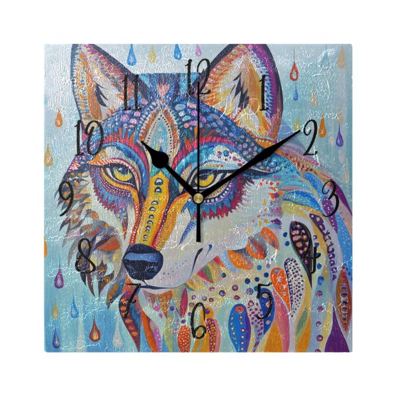 Square Clock Gold Clock 7.78 *7.78 Inch Decorative Clock Creative Clock Dual-Purpose Clock Wall Clock Clock Decorate Your Space Colorful Cool Wolves