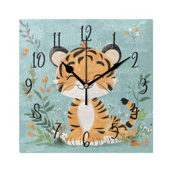 Square Clock Gold Clock 7.78 *7.78 Inch Decorative Clock Creative Clock Dual-Purpose Clock Wall Clock Clock Decorate Your Space Cute Smiling Tiger