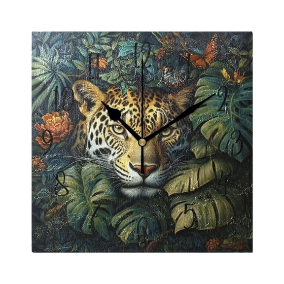 Square Clock Gold Clock 7.78 *7.78 Inch Decorative Clock Creative Clock Dual-Purpose Clock Wall Clock Clock Decorate Your Space Forest Fierce Tiger
