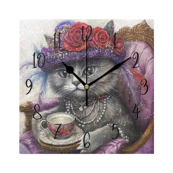 Square Clock Gold Clock 7.78 *7.78 Inch Decorative Clock Creative Clock Dual-Purpose Clock Wall Clock Clock Decorate Your Space Noble Gray Cat