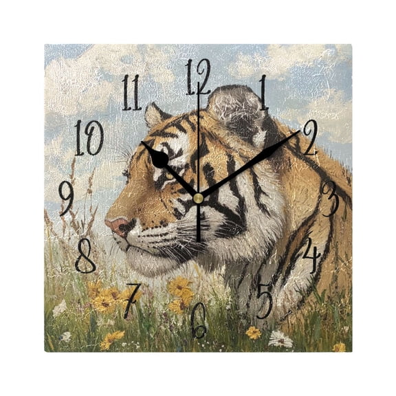 Square Clock Gold Clock 7.78 *7.78 Inch Decorative Clock Creative Clock Dual-Purpose Clock Wall Clock Clock Decorate Your Space Prairie Cartoon Tiger
