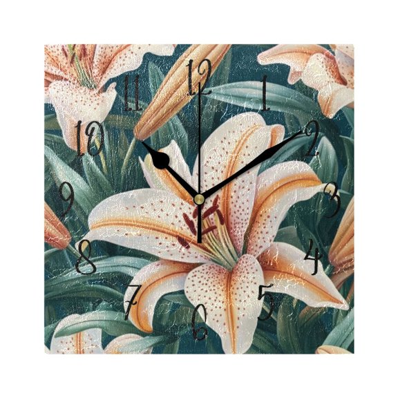 Square Clock Gold Clock 7.78 *7.78 Inch Decorative Clock Creative Clock Dual-Purpose Clock Wall Clock Clock Decorate Your Space Pretty White Lilies