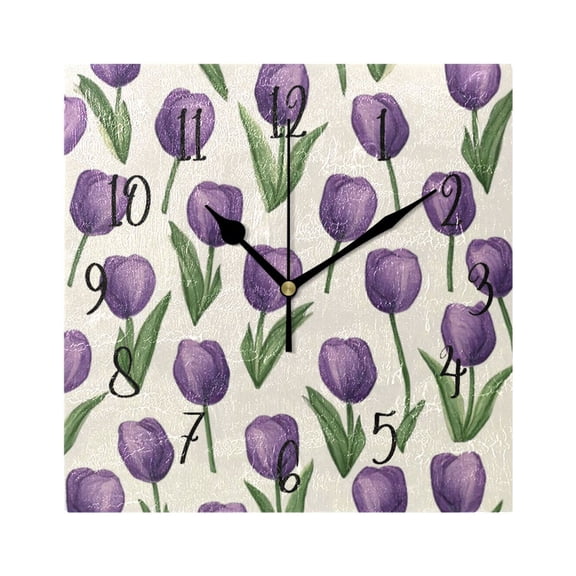 Square Clock Gold Clock 7.78 *7.78 Inch Decorative Clock Creative Clock Dual-Purpose Clock Wall Clock Clock Decorate Your Space Purple Tulip2