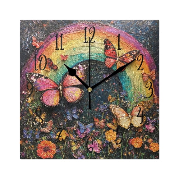 Square Clock Gold Clock 7.78 *7.78 Inch Decorative Clock Creative Clock Dual-Purpose Clock Wall Clock Clock Decorate Your Space Rainbow Butterfly