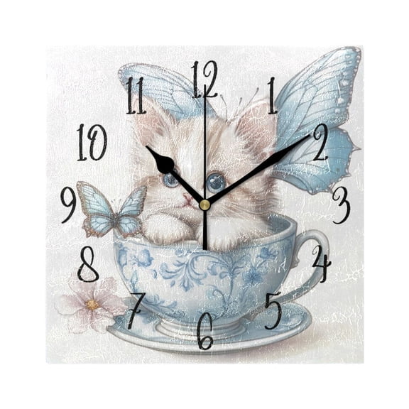 Square Clock Gold Clock 7.78 *7.78 Inch Decorative Clock Creative Clock Dual-Purpose Clock Wall Clock Clock Decorate Your Space Teacup Cute Kitten