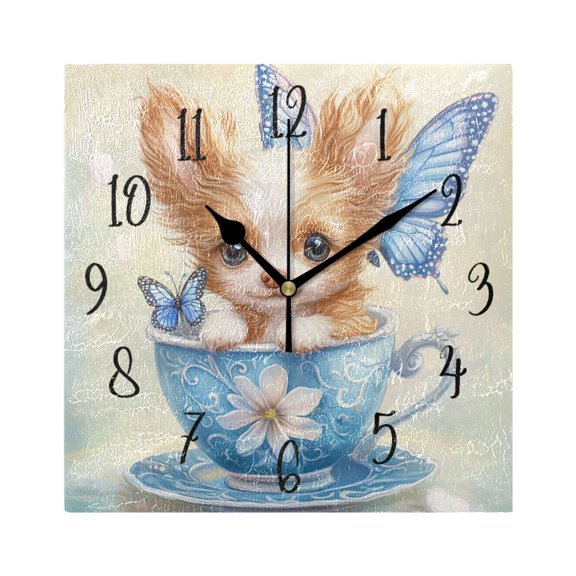 Square Clock Gold Clock 7.78 *7.78 Inch Decorative Clock Creative Clock Dual-Purpose Clock Wall Clock Clock Decorate Your Space Teacup Yellow Puppy