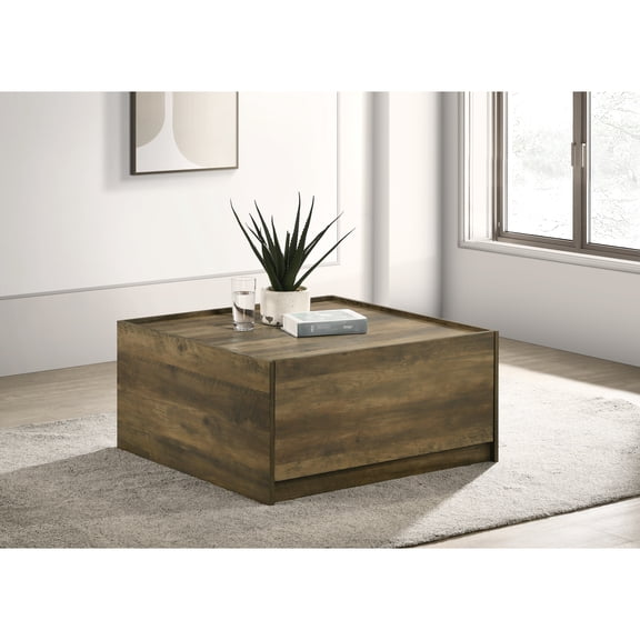 Square Coffee Table, 31.5"w Oak Finish, Raised Lip And 2 Hidden Drawers For Living Room Decoration With Top Home