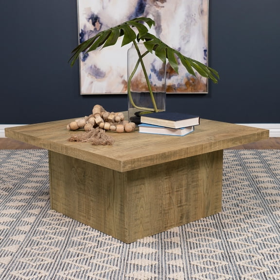 Square Coffee Table 35.5 Inch, Mango Wood Finish Rustic Living Room Table with Pedestal Base for Small Apartment
