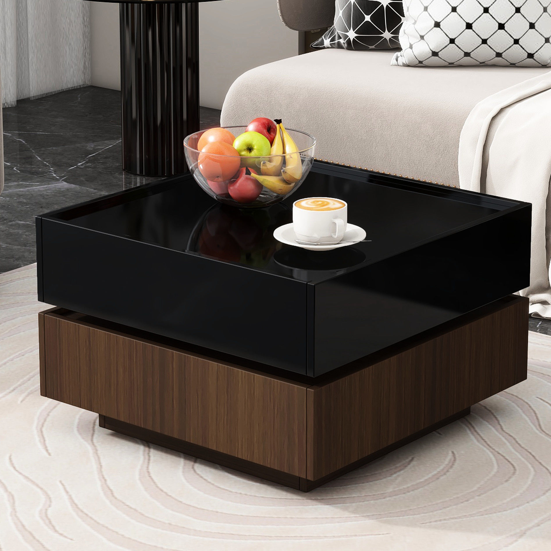 Square Coffee Table | 360° Rotatable with Storage for Living Room ...