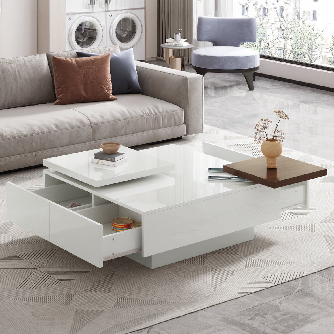 Square Coffee Table with 4 Hidden Storage Drawers, Movable Top Coffee ...