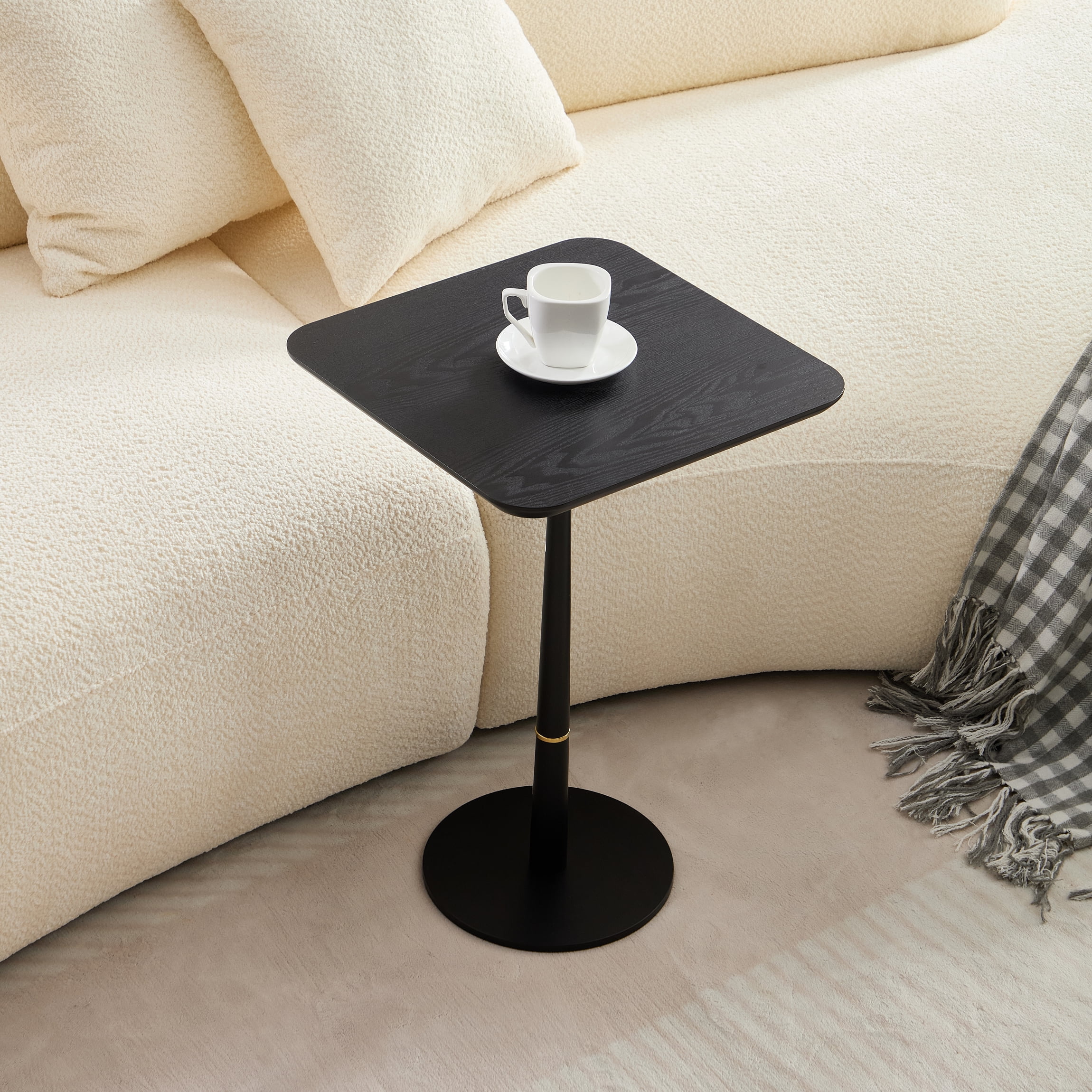 Square Coffee Table, Black Matte MDF Side Table with Metal Feet & Gold Decorative Ring, Waterproof Wear-Resistant Accent Table for Living Room Lounge Sofa Corner, Multi-Use as Computer Desk