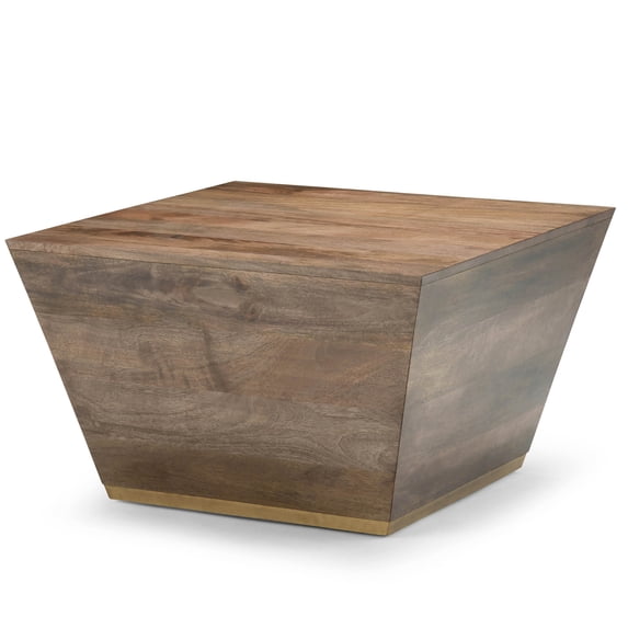Square Coffee Table, Dark Brown Solid Wood Cocktail Table with Tapered Base and Brass Trim for Living Room