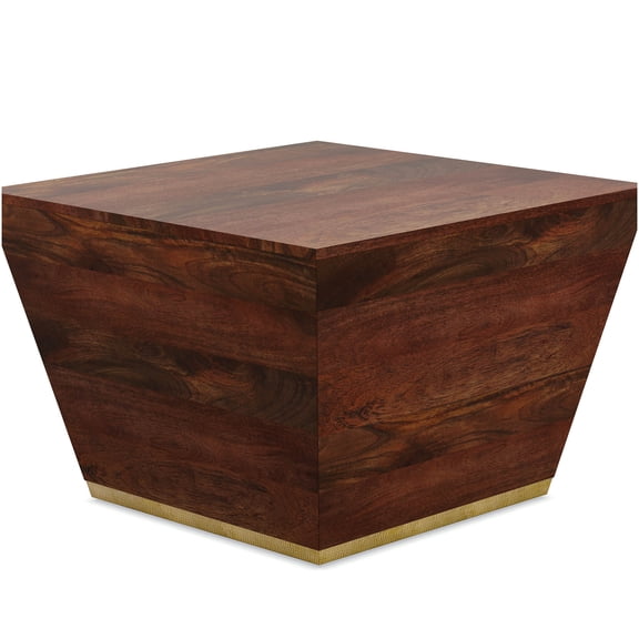 Square Coffee Table, Dark Brown Wood Cocktail Table with Brass Trim and Tapered Base for Living Room