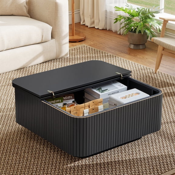 Square Coffee Table with Hidden Storage, Mid-Century Modern Fluted Wooden Side Table with 180 Rotating Dual-Panel Lid, Accent Table for Living Room, Office & Small Spaces, Black
