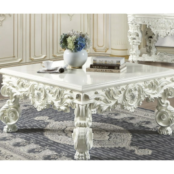 Square Coffee Table In Antique White, Intricate Leg Pattern, 50x50x23 Inches, 143lb, Synthetic Wood Table, Ornamental Aspect, Material