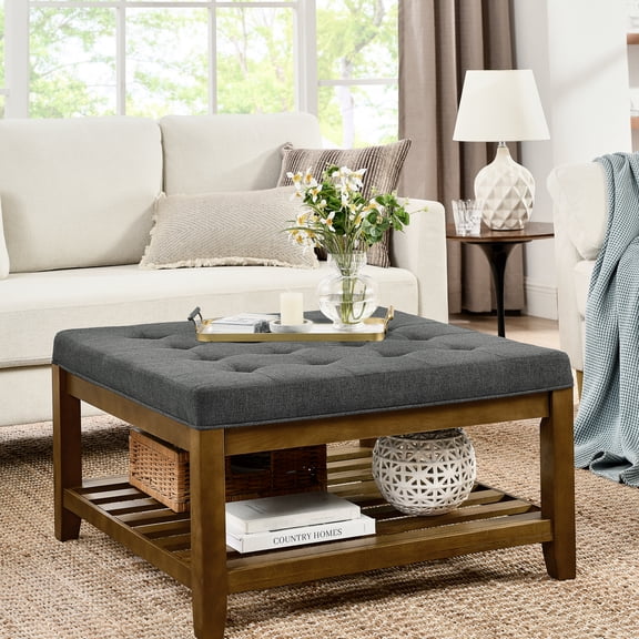 Square Coffee Table In Dark Gray Linen And Beech Wood, Build With Wood Base Stylish Design