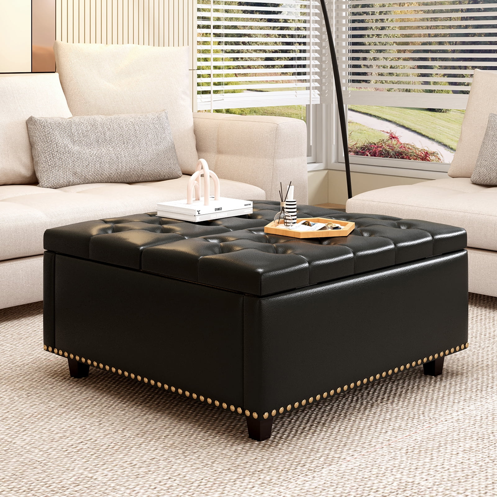 Square Coffee Table Lift Top Storage Ottoman, Footrest Stool in Upholstered PU Leather, Large ...