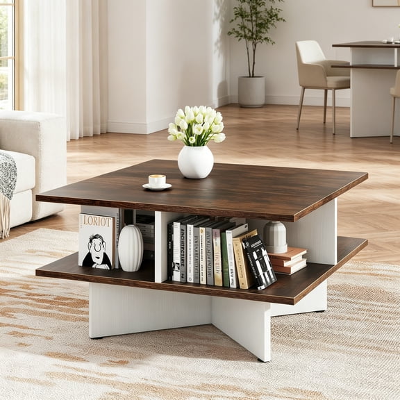Square Coffee Table, Mid Century Modern Center Table with 4 Storage Compartments & Cross-Shape Base, 24 Inch Farmhouse Coffee Table for Living Room, Brown