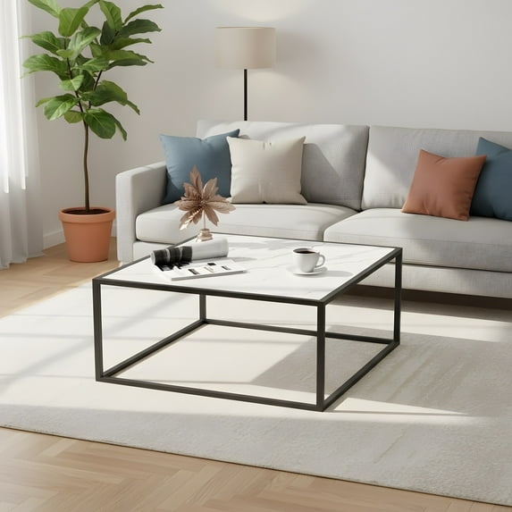Square Coffee Table - Modern White Faux Marble Top - Living Room/Office