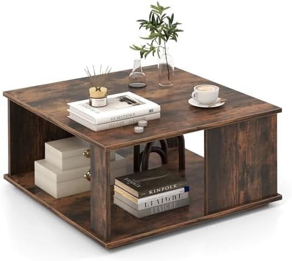 Square Coffee Table, Rustic Brown Cocktail With Storage Shelf ...