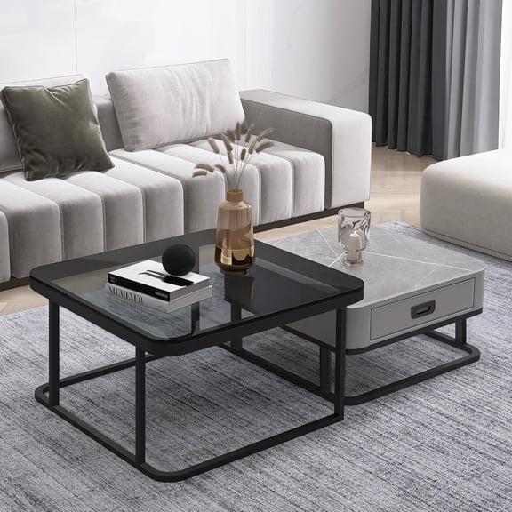 Square Coffee Table Set of 2, Nesting Table End Table, Modern Side Table for Living Room, Office, Bedroom, Grey