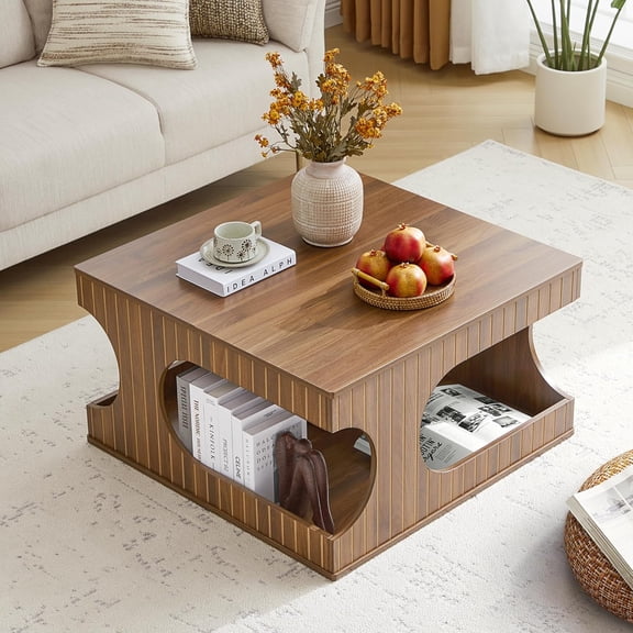 Square Coffee Table with Storage, 31.5" Hollow Cube Coffee Table, 2-Tier Mid-Century Modern Center Table with Arched Cutouts & Carved Lines for Living Room, Cat-Friendly Base (Walnut)