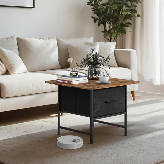 Square Coffee Table with Storage Drawer,Small Coffee Tables for Living Room,2-Tier Farmhouse Center Table with Round Corners for Small Space,Apartment,Office,Rustic Brown