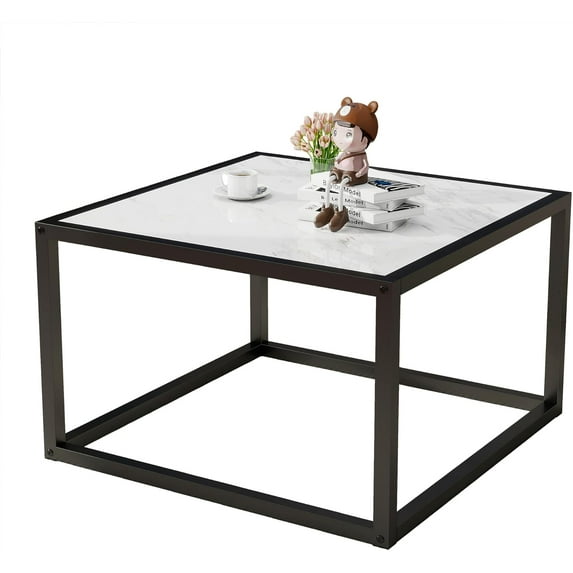 Square Coffee Table for Living Room, Simple Center Side Table with Wood Tabletop and Sturdy Metal Frame,Black and White/60x60x40cm