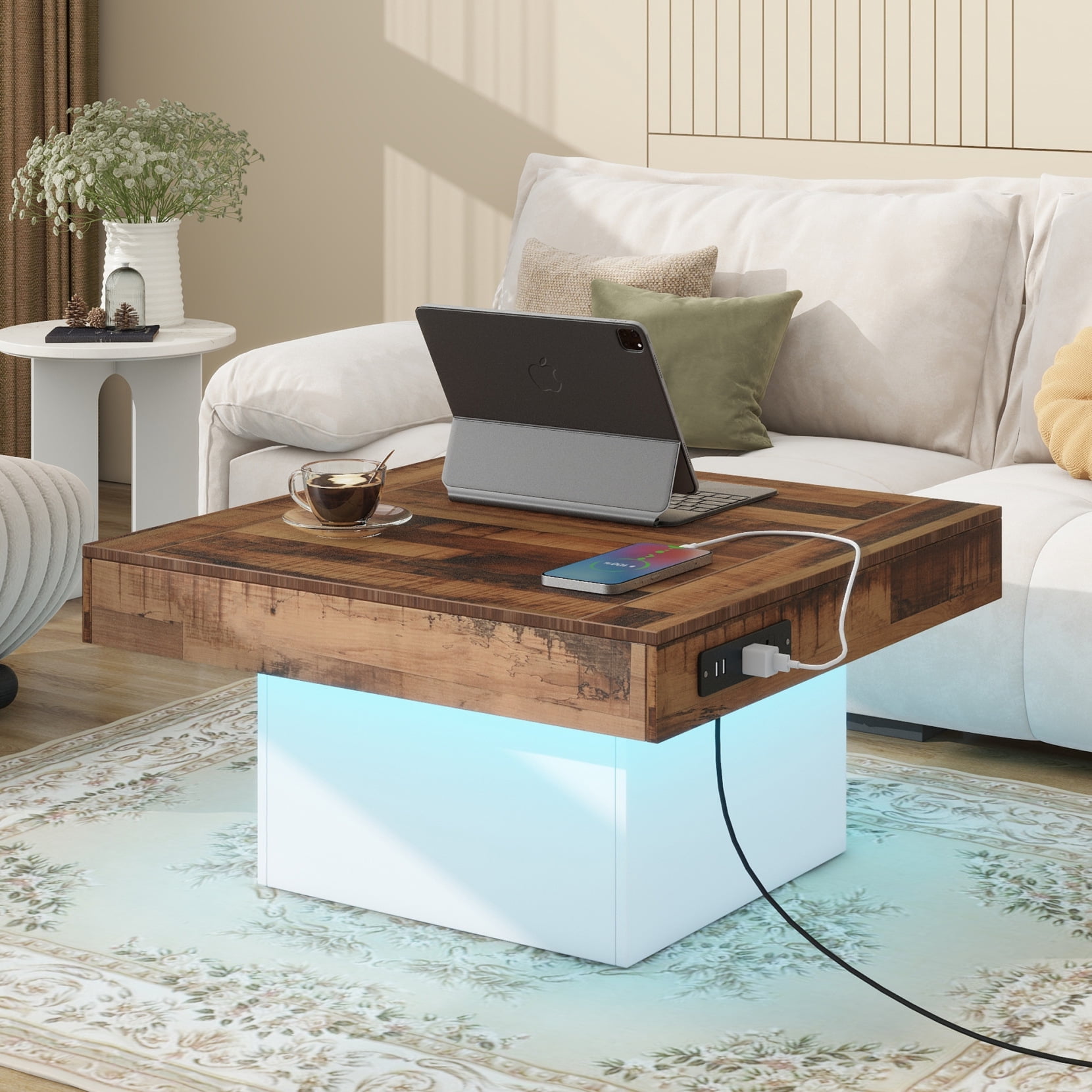 Square Brown and White Coffee Table with USB Ports and LED Light Strip