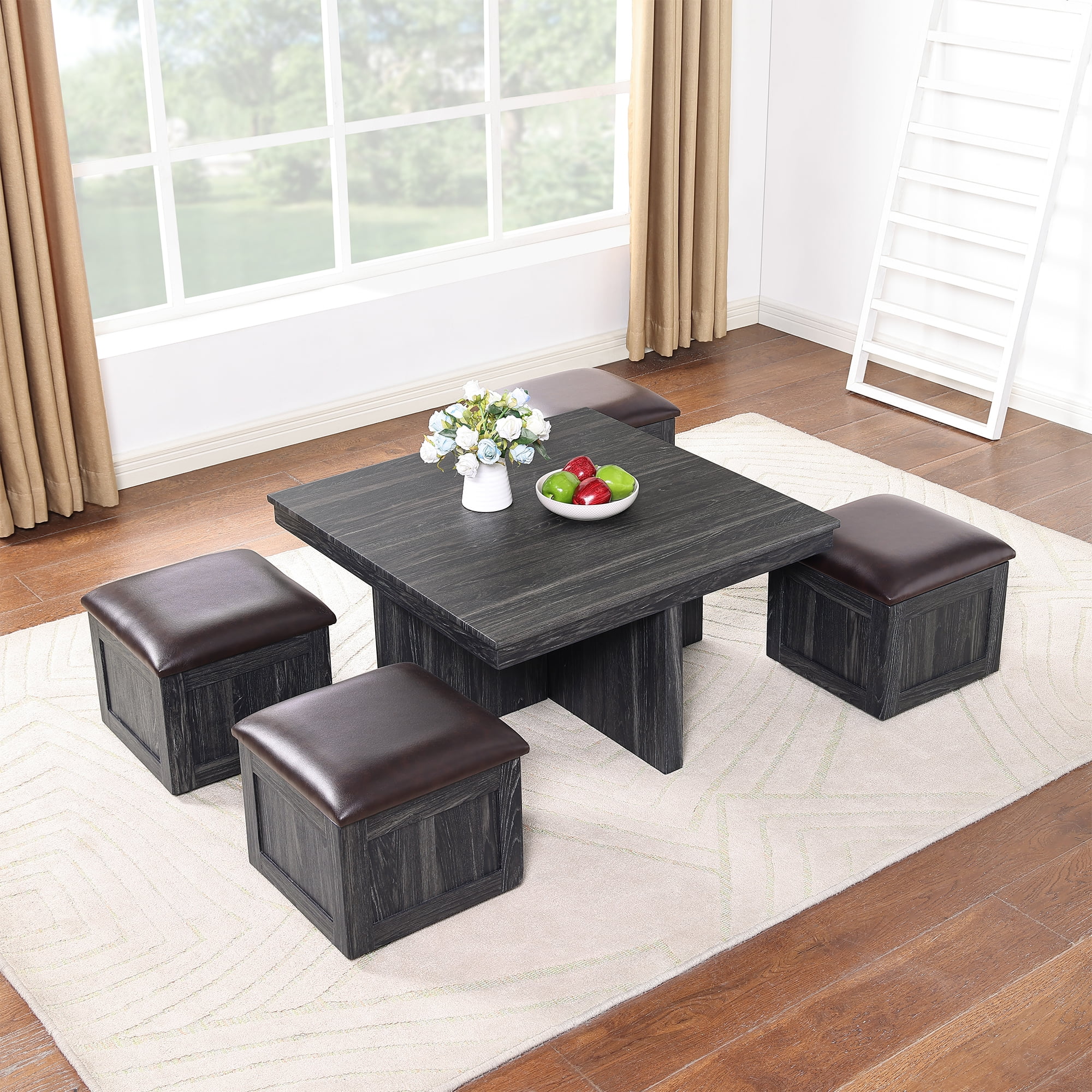 Square Coffee Table with 4 Upholstered Storage Stool Wood Central Table with Hidden Compartment