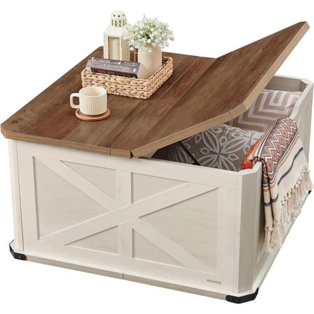VASAGLE LIRY Collection - Farmhouse Coffee Table with Storage, Square Coffee Table for Living Room, Center Table with Flip-Top Lids, Honey Brown and Rustic White
